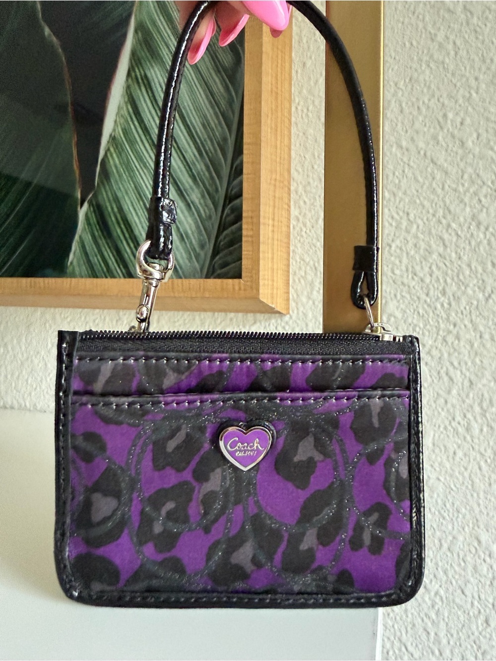 Coach Poppy Purple Leopard Glitter ID Card Holder Keychain Wristlet Wallet 💜